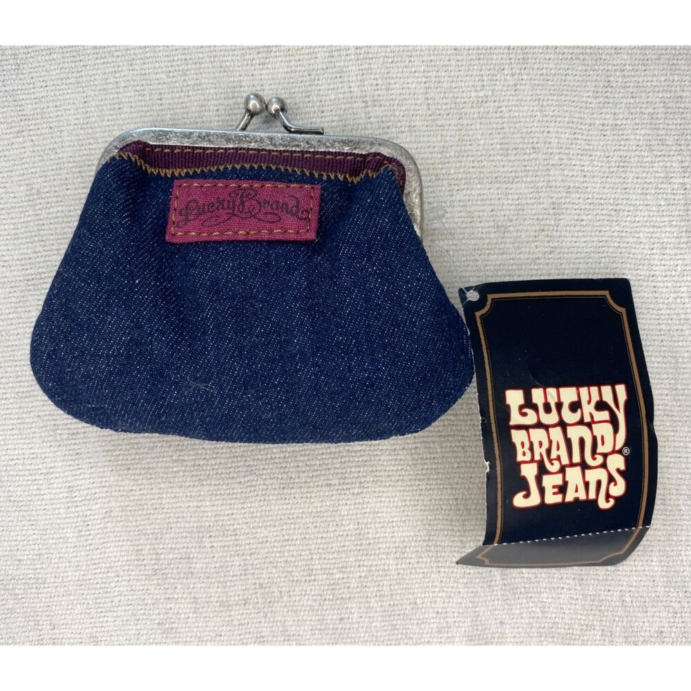 Lucky Brand Denim Frame Coin Purse Silver Tone Kiss Clasp Vintage Y2K Retro
